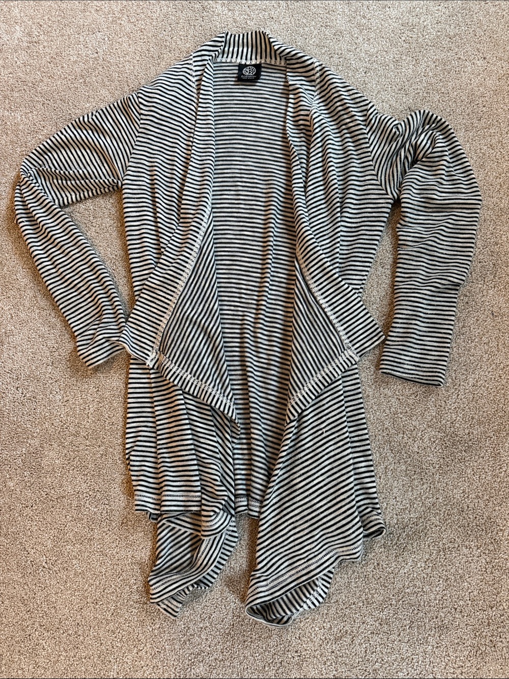 Bobeau Black and White Striped Open-Front Cardigan